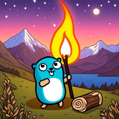 Go Blue Gopher in New Zealand by campfire roasting marshmallows.