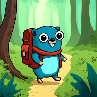 Go blue gopher in the forest, exploring its surroundings and searching for adventure.