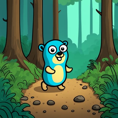 Go blue gopher in the forest, exploring its surroundings and searching for adventure.