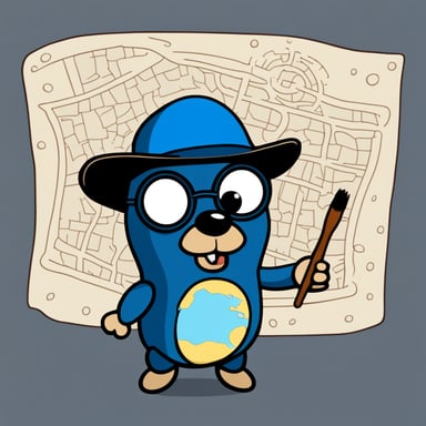 A 2d cartoon go blue gopher that looks like Leonardo da Vinci working with paint and maps.
