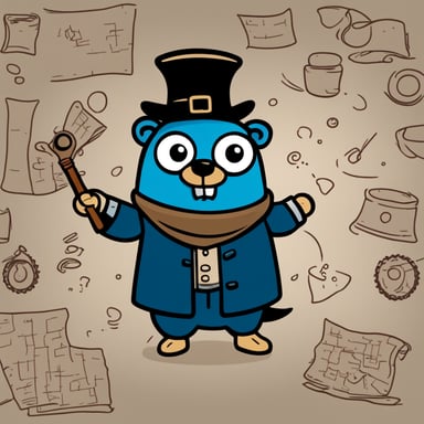 A 2d cartoon go blue gopher that looks like Leonardo da Vinci working with paint and maps.
