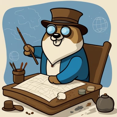 A 2d cartoon go blue gopher that looks like Leonardo da Vinci working with paint and maps.