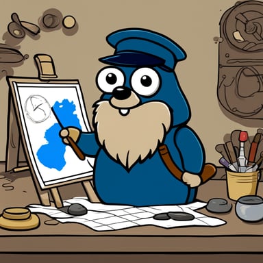A 2d cartoon go blue gopher that looks like Leonardo da Vinci working with paint and maps.