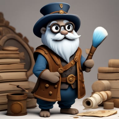 A 2D cartoon light gopher, Go Blue Gopher, looks old with a thick grey beard, wearing Renaissance clothing, and is working with paint brushes and maps.