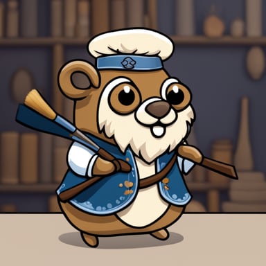 A 2D cartoon light gopher, Go Blue Gopher, looks old with a thick grey beard, wearing Renaissance clothing, and is working with paint brushes and maps.