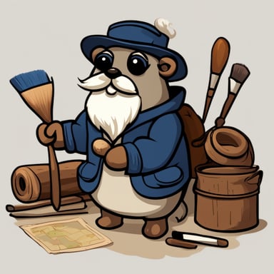 A 2D cartoon light gopher, Go Blue Gopher, looks old with a thick grey beard, wearing Renaissance clothing, and is working with paint brushes and maps.