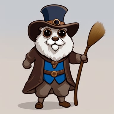 A 2D cartoon light gopher, Go Blue Gopher, looks old with a thick grey beard, wearing Renaissance clothing, and is working with paint brushes and maps.
