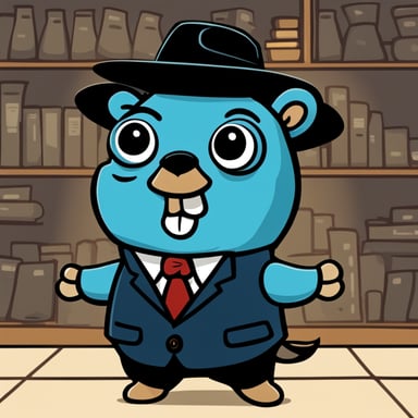 A 2D Cartoon named Go Blue Gopher that is light blue, wears a black suit and fedora in 1960s fashion that has an unbothered facial expression.
