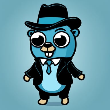 A 2D Cartoon named Go Blue Gopher that is light blue, wears a black suit and fedora in 1960s fashion that has an unbothered facial expression.