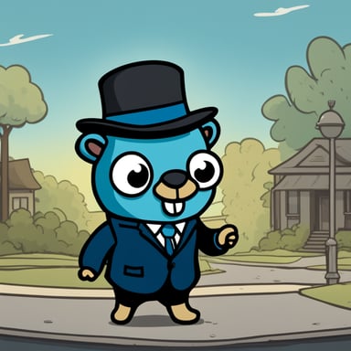 A 2D Cartoon named Go Blue Gopher that is light blue, wears a black suit and fedora in 1960s fashion that has an unbothered facial expression.