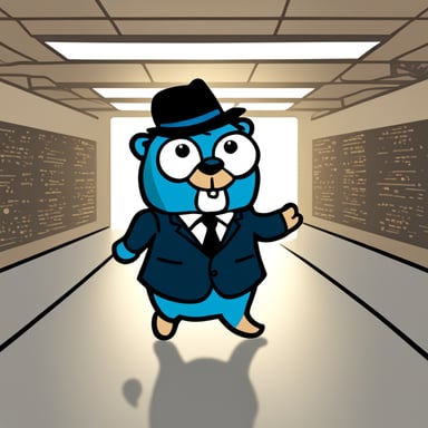 A 2D Cartoon named Go Blue Gopher that is light blue, wears a black suit and fedora in 1960s fashion that has an unbothered facial expression.