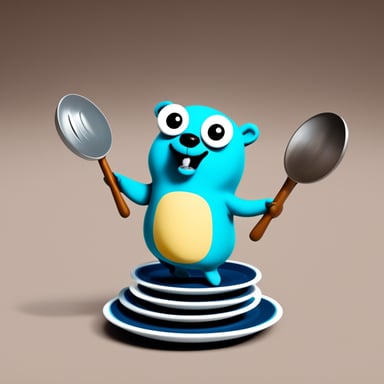 A go blue gopher that looks like he means business and is balancing a lot of things at once, like spinning plates.