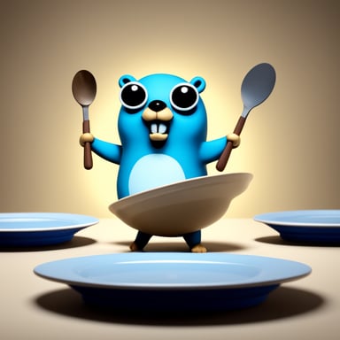 A go blue gopher that looks like he means business and is balancing a lot of things at once, like spinning plates.