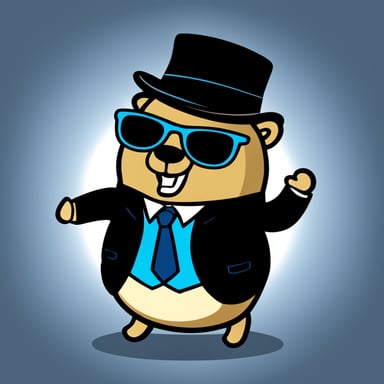 Go Blue Gopher in cartoon style, depicted as a businessman wearing a black suit with sunglasses and a fedora hat.