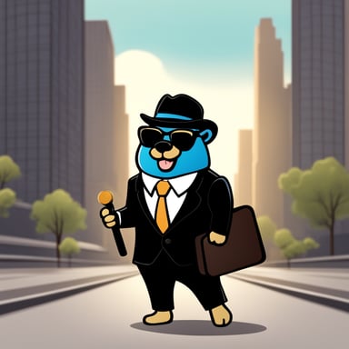 Go Blue Gopher in cartoon style, depicted as a businessman wearing a black suit with sunglasses and a fedora hat.