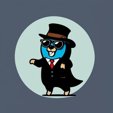 Go Blue Gopher in cartoon style, depicted as a businessman wearing a black suit with sunglasses and a fedora hat.