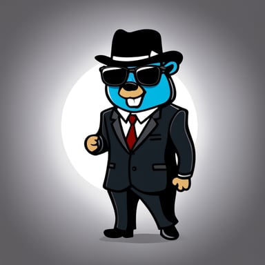 Go Blue Gopher in cartoon style, depicted as a businessman wearing a black suit with sunglasses and a fedora hat.