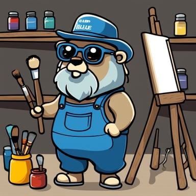 Go Blue Gopher, in cartoon style, is depicted as a painter in a studio, sporting a grey beard and wearing eye glasses.