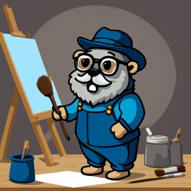 Go Blue Gopher, in cartoon style, is depicted as a painter in a studio, sporting a grey beard and wearing eye glasses.
