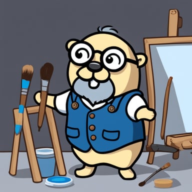 Go Blue Gopher, in cartoon style, is depicted as a painter in a studio, sporting a grey beard and wearing eye glasses.