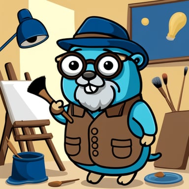 Go Blue Gopher, in cartoon style, is depicted as a painter in a studio, sporting a grey beard and wearing eye glasses.