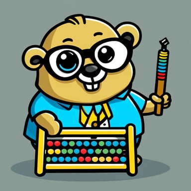 Go Blue Gopher in cartoon style, depicted as a nerd with eye glasses using an abacus.