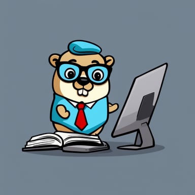 Go Blue Gopher in cartoon style is depicted as a nerd with eyeglasses doing accounting, looking very upset.