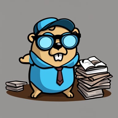Go Blue Gopher in cartoon style is depicted as a nerd with eyeglasses doing accounting, looking very upset.