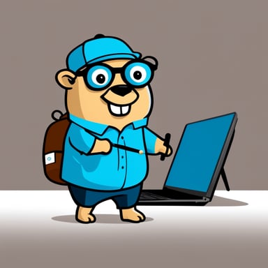 Go Blue Gopher in cartoon style is depicted as a nerd with eyeglasses building a website.