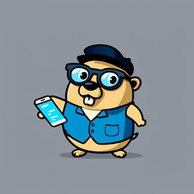 Go Blue Gopher in cartoon style is depicted as a nerd with eyeglasses building a website.