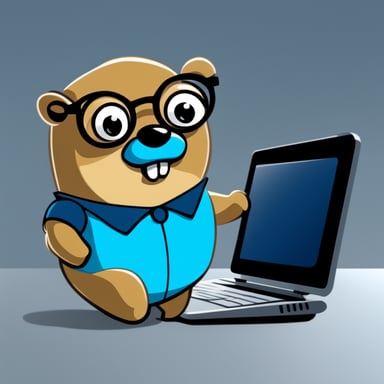 Go Blue Gopher in cartoon style is depicted as a nerd with eyeglasses building a website.