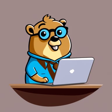 Go Blue Gopher in cartoon style is depicted as a nerd with eyeglasses building a website.