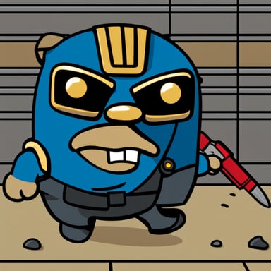 Go Blue Gopher in cartoon style is depicted as Judge Dredd, complete with the iconic helmet that covers the top half of the face.