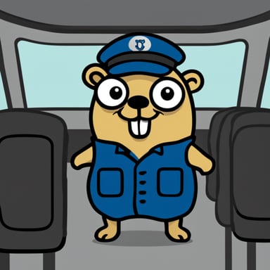 Go Blue Gopher as a bus driver in cartoon style.