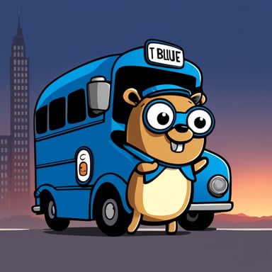 Go Blue Gopher as a bus driver in cartoon style.
