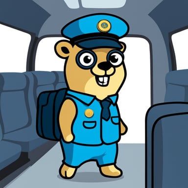 Go Blue Gopher as a bus driver in cartoon style.
