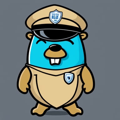 Go Blue Gopher in cartoon style depicted as a police officer wearing riot gear with visor and shield.