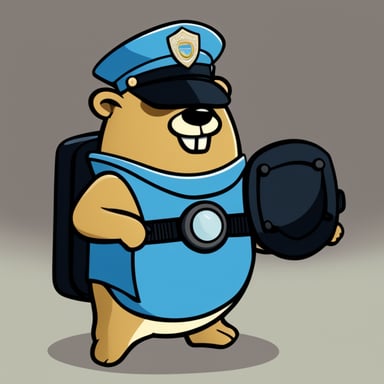 Go Blue Gopher in cartoon style depicted as a police officer wearing riot gear with visor and shield.