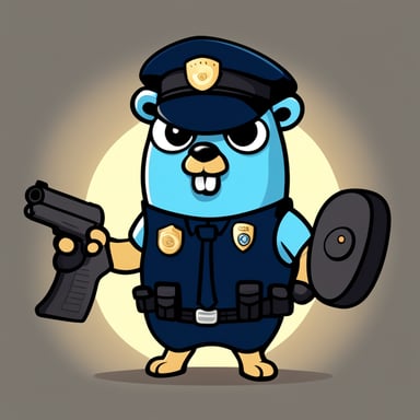 Go Blue Gopher in cartoon style depicted as a police officer wearing riot gear with visor and shield.