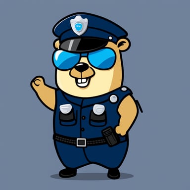 Go Blue Gopher in cartoon style depicted as a police officer wearing riot gear with visor and shield.