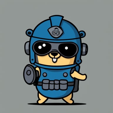 Go Blue Gopher in cartoon style depicted wearing riot gear with shield and helmet.