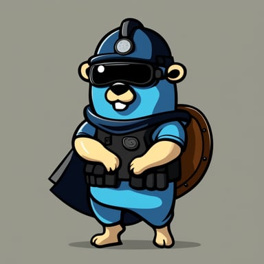 Go Blue Gopher in cartoon style depicted wearing riot gear with shield and helmet.
