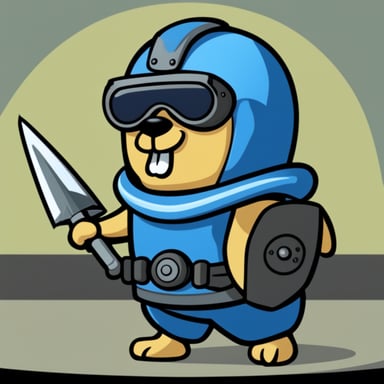 Go Blue Gopher in cartoon style depicted wearing riot gear with shield and helmet.