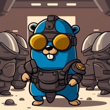Go Blue Gopher in cartoon style depicted wearing riot gear with shield and helmet.