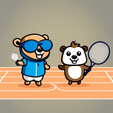 Go Blue Gopher in cartoon style as a badminton player with shuttle.