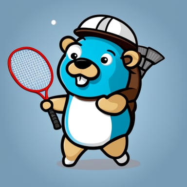 Go Blue Gopher in cartoon style as a badminton player with shuttle.