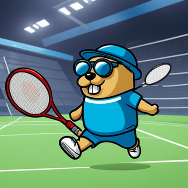 Go Blue Gopher in cartoon style as a badminton player with shuttle.