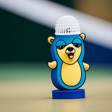 The face of Go Blue Gopher is depicted on a badminton shuttlecock.