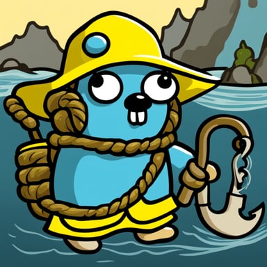 A go blue gopher depicted in a 2D cartoon style wearing a yellow fisherman's outfit holding big hooks.