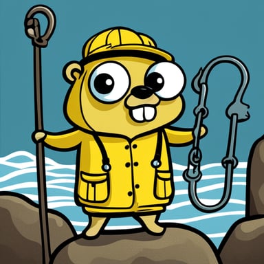 A go blue gopher depicted in a 2D cartoon style wearing a yellow fisherman's outfit holding big hooks.